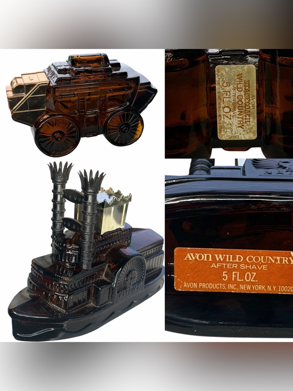 2 Rare Vintage Transportation Avon Bottles - Side Wheeler Steamboat & Stagecoach